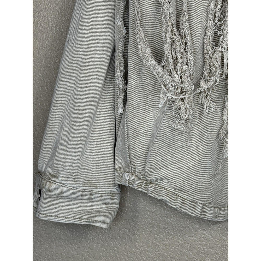 Heyson Womens Beige Fringe Sz L Western Boho Shacket Distressed Jeans Jacket - Picture 3 of 6